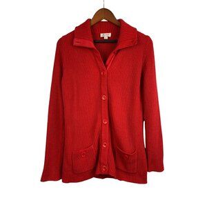D&Co Red Ribbed Button-Up Cardigan Sweater XS Cotton Acrylic Pockets